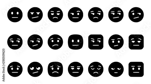Black Unamused Face Flat Vector Icon Set with Minimal Emotion Expressions