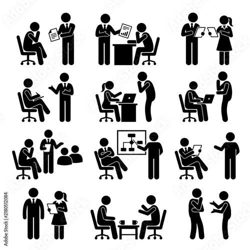 Business People Office Meeting and Collaboration Stick Figure Icons