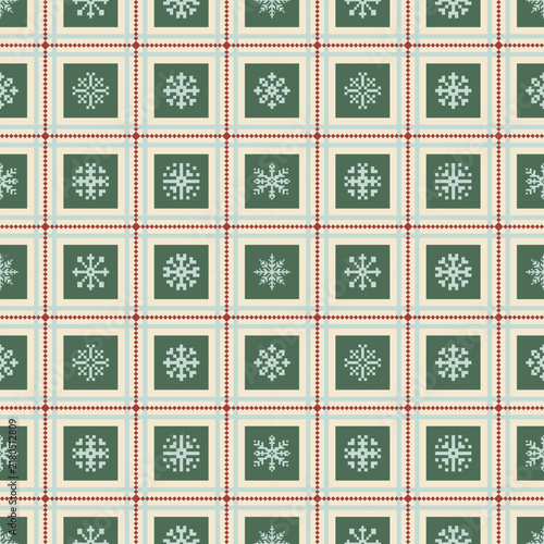 Seamless Christmas Plaid Pattern with Snowflakes in green, beige and Red colors. Ideal for winter holiday apparel, Christmas wrapping paper, seasonal home decor, textile prints, and wallpaper