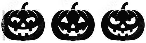 Halloween jack-o'-lantern pumpkin silhouette icon set. Spooky autumn face symbol collection. Simple pictograms for holiday celebration, carved gourd decoration, eerie event, and seasonal party design.