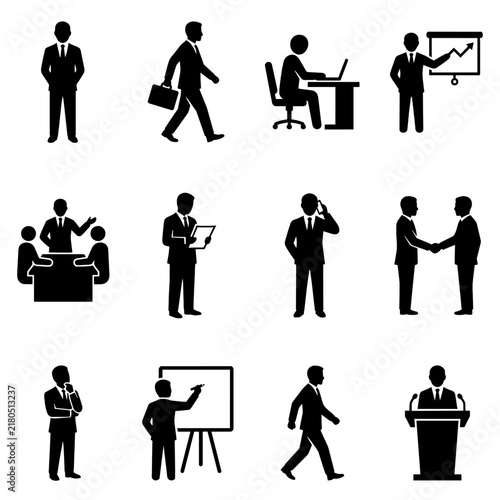 Set of black business people icons in flat design style