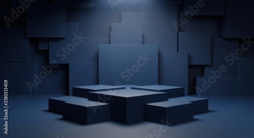 Futuristic Dark Studio with Geometric Lighting Setup.