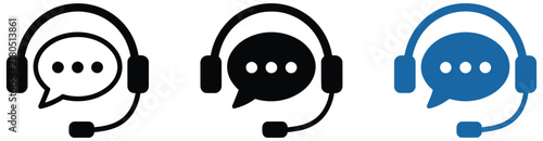 Headset and speech bubble customer service icon set. Call center support symbol collection. Simple pictograms for helpline operator, live chat assistance, technical consultation, and communication con