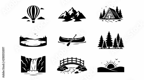 Outdoor Adventure Icons Set: Hot Air Balloon, Mountains, Cabin, Lake, Canoe, Forest, Waterfall