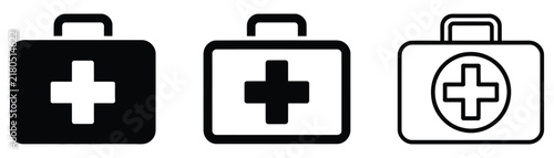 First aid kit bag icon set. Medical box symbol collection. Simple pictograms for emergency care, doctor case, healthcare support, and hospital kit design.