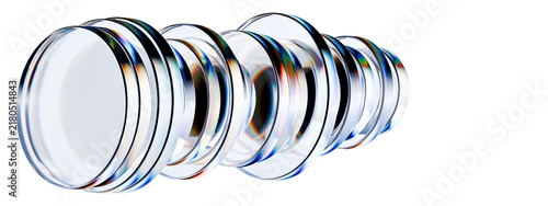 3D glass rings white isolated composition creates a transparent prismatic tunnel with iridescent reflections and clean negative space