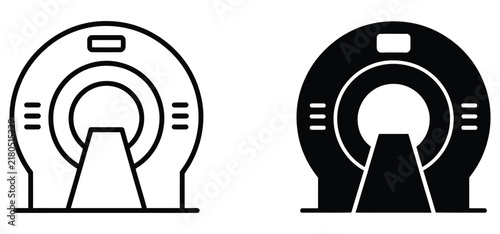 MRI scanner icon set. Medical equipment symbol collection. Simple pictograms for CT scan, hospital diagnostic, healthcare technology, and radiology device design.