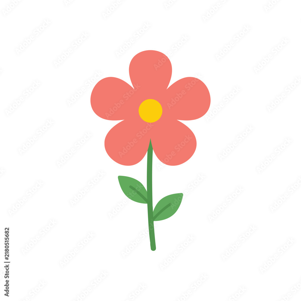 Fototapeta premium Simple red flower with green leaves icon