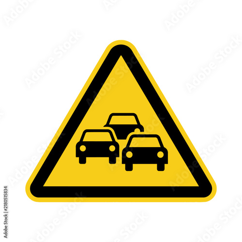 Traffic Jam Warning Sign Yellow Triangle with Black Car Icons Indicating Congestion Ahead