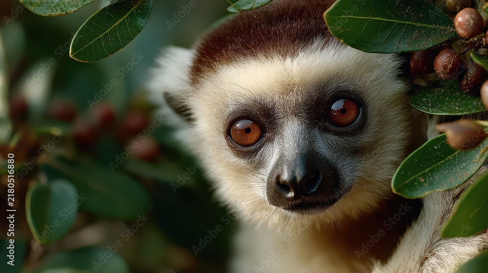 Fototapeta premium A captivating portrait captures the endearing gaze of a Sifaka lemur amid lush foliage, highlighting its unique appearance and the wild beauty of its natural habitat