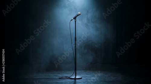 A silver vocal microphone on a stand in a dark stage setting with dramatic blue lighting and smoke