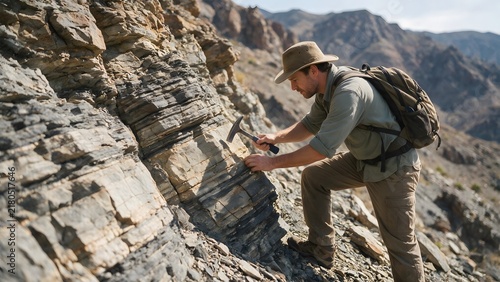 Geologist examining rock formations on a mountain trail