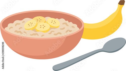 Oatmeal Porridge Bowl with Banana Slices and Spoon Vector IllustrationOatmeal Porridge Bowl with Banana Slices and Spoon Vector Illustration