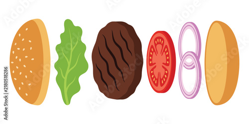 Deconstructed Burger Ingredients with Sesame Bun Beef Patty and Vegetables VectorDeconstructed Burger Ingredients with Sesame Bun Beef Patty and Vegetables Vector