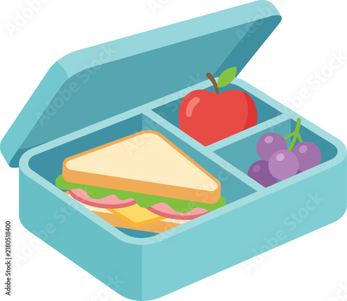 School Lunch Box with Sandwich Apple and Grapes Vector IllustrationSchool Lunch Box with Sandwich Apple and Grapes Vector Illustration