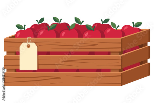 Fresh Red Apples in Wooden Crate with Blank Price Tag VectorFresh Red Apples in Wooden Crate with Blank Price Tag Vector