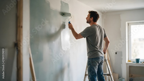 Man painting an interior wall during a home renovation