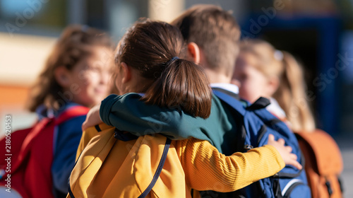 group of kids with colorful backpacks hugging together outside a bright school entrance, captured from behind with faces out of frame, cheerful body language and sunny exterior,