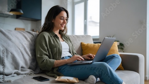 Woman relaxing on a couch while working on a laptop