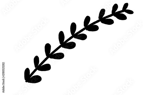 Black botanical branch with rounded leaves arranged along a diagonal stem, hand-drawn in a bold silhouette style and isolated on a transparent background.