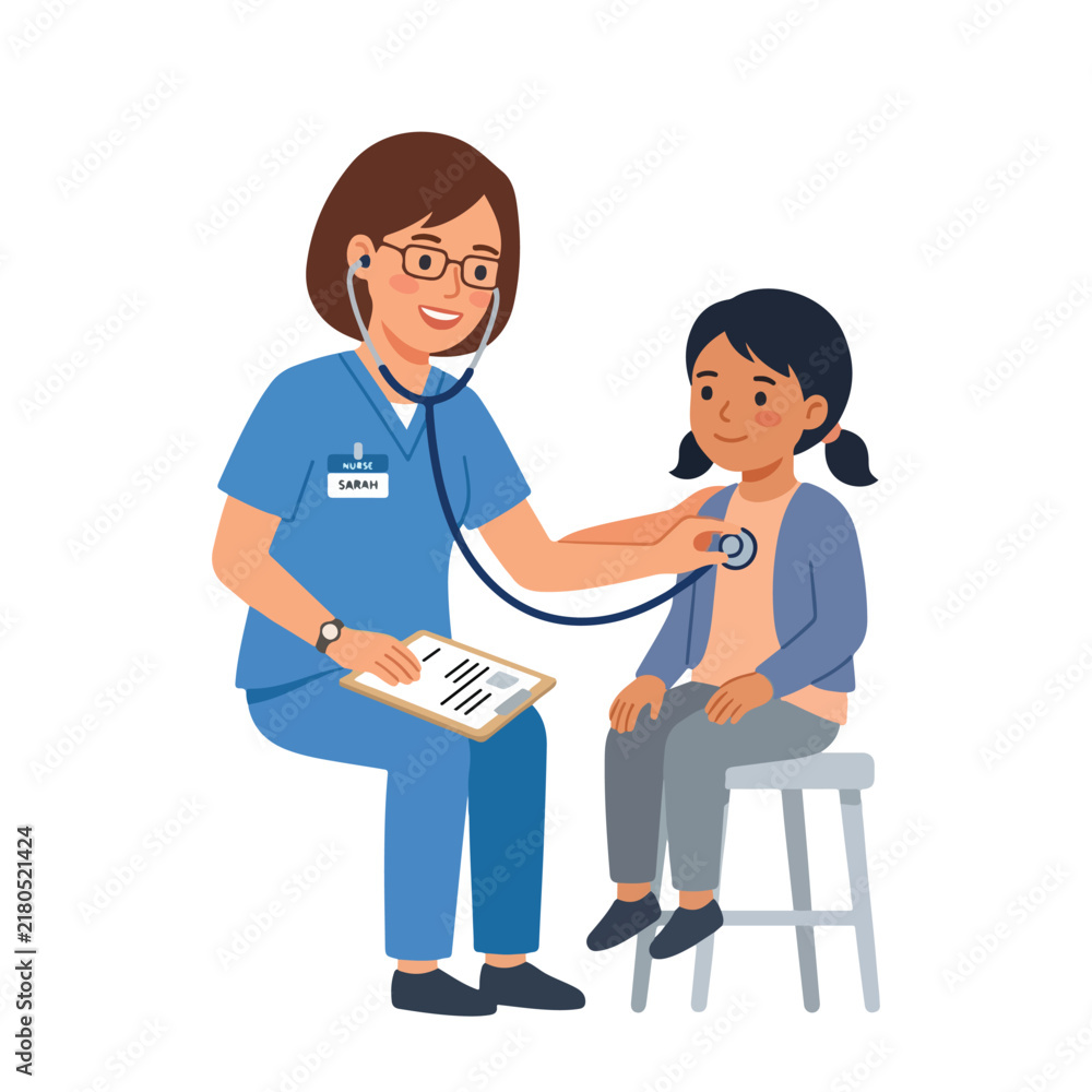 Fototapeta premium A friendly female nurse wearing blue scrubs uses a stethoscope to examine a young girl sitting on a stool in a clinic.
