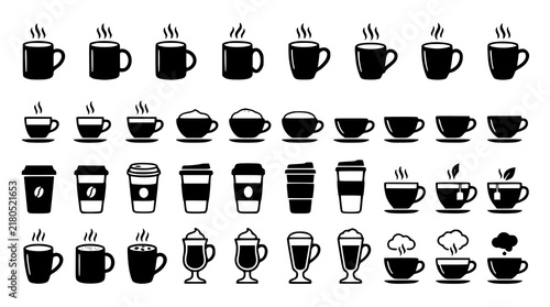 Minimal Black Coffee Tea Cup Icon Vector Set with Takeaway Latte Espresso and Ceramic Mugs