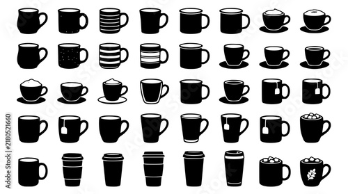 Black Coffee Tea Drinkware Vector Set with Cozy Ceramic Mugs Takeaway Cups and Espresso Glasses