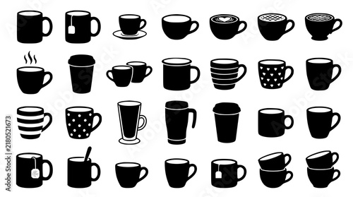 Black Hot Drink Mug Cup Vector Set with Coffee Tea Ceramic Espresso Latte Flat Cartoon Collection