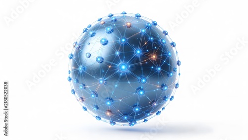 Blue glowing sphere covered with sparkling network nodes, technology concept