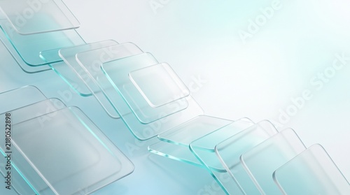 Abstract background featuring translucent glass plates arranged in a diagonal sequence with soft light and cool cyan tones