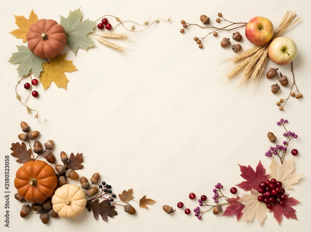 Fototapeta premium Autumn harvest arrangement with pumpkins leaves berries and wheat on a neutral background