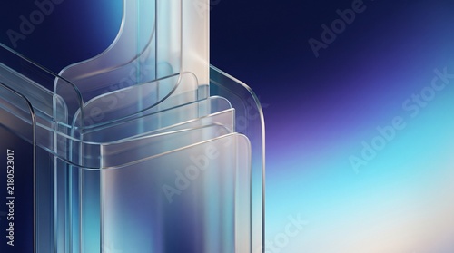 Abstract background featuring layered translucent glass panels with smooth rounded edges in a gradient blue lighting composition