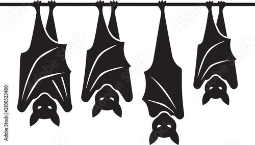 Spooky black bats hanging upside down in a row silhouette vector illustration isolated