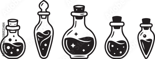 Set of magical witch potion bottles with stars outline line art vector illustration isolated