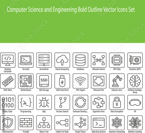 Computer Science and Engineering Bold Outline Vector Icons Set, 32 Minimalist Modern UI UX Technology Symbols Grid