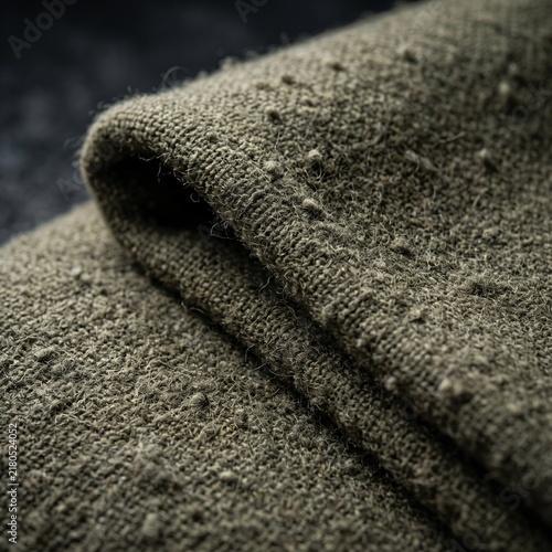 Coarse olive army wool blanket folded in dramatic macro close up, revealing rugged woven fibers, lint and pilling in realistic military textile texture
