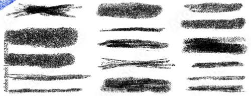 Textured underline and grunge charcoal strokes in heavy black on white. Pencil crayon kid brush marks with chalk drawn shapes. Thick smeared vector texture elements for underline overlay set isolated