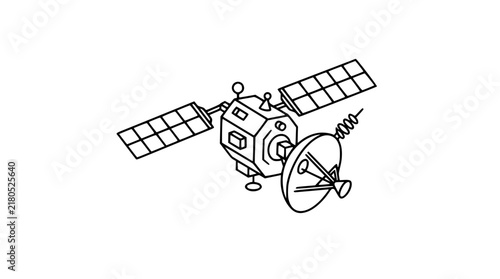 Quadro su tela Orbital Space Satellite Line Art Vector Icon with Parabolic Antenna and Solar Ar