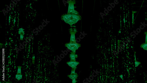 Abstract background photograph of the glass church inside Wat Tha Sung Temple, Uthai Thani Province, Thailand. Gradient of black to light green, blurred. Keywords: Glass, Glitter, Beauty, Happiness, H