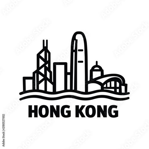 Hong Kong landmark skyline with dense skyscrapers, an observation wheel and a curved waterfront hall, monochrome outline icon for tourism, travel, architecture and destination branding