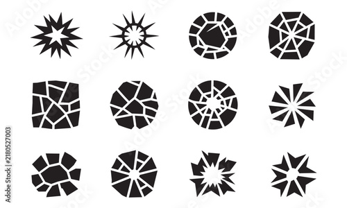 Set of black broken glass and cracked shapes for design elements and overlays. ideal for graphic design, web assets, and artistic projects, dark colors.