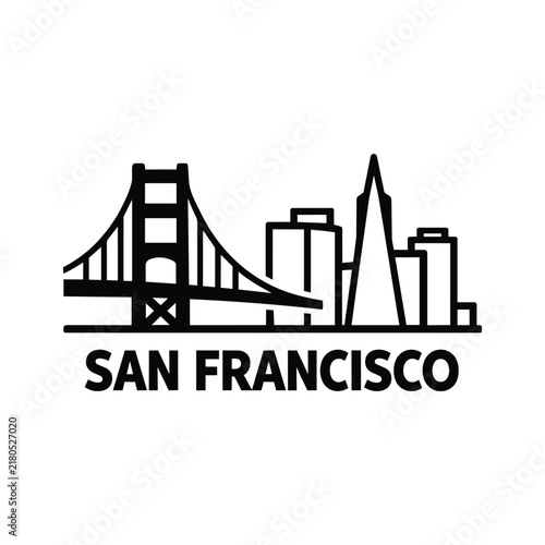 San Francisco city skyline icon featuring a suspension bridge, pointed skyscraper and downtown high rises, black outline vector for tourism, architecture and city travel design