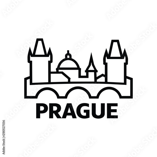Prague landmark skyline with historic bridge towers, a church dome and castle style spires, monochrome outline icon for tourism, travel, architecture and destination branding