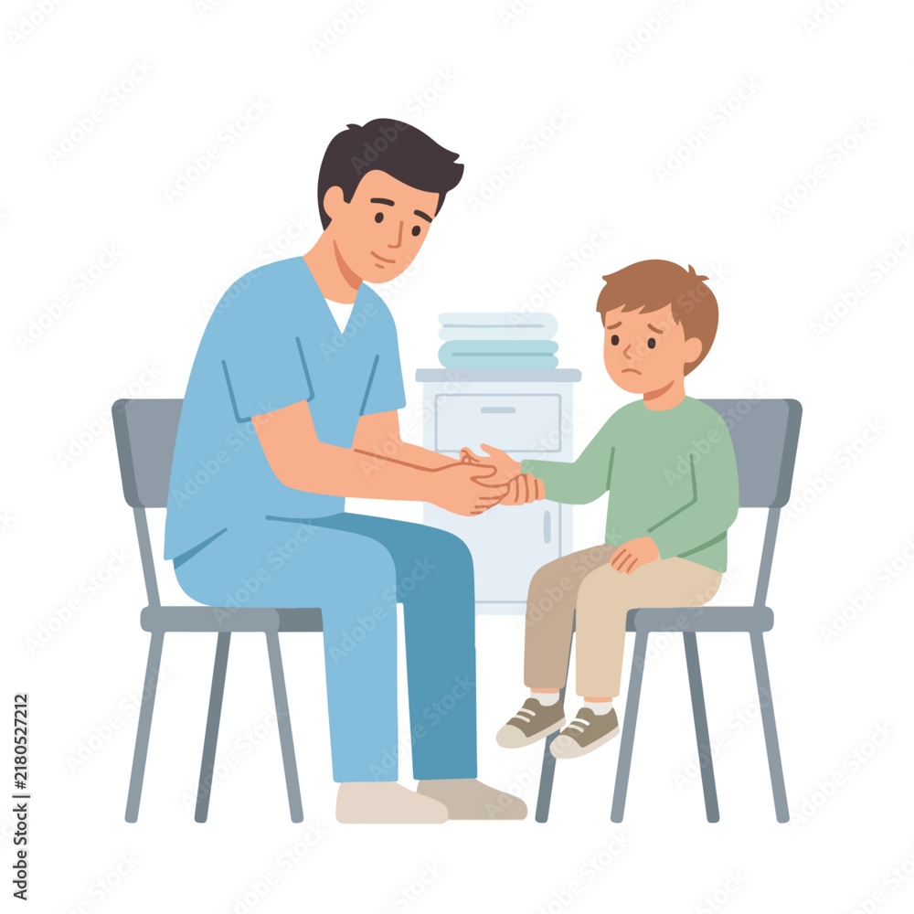 Obraz premium A caring male doctor examines a sad young boy's injured hand while sitting together in a bright medical clinic setting.