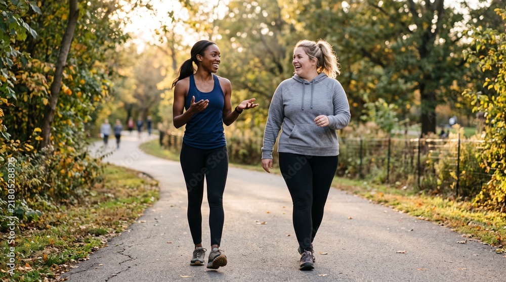 Obraz premium Two women of different body types walking and talking on a park path during autumn with golden sunlight