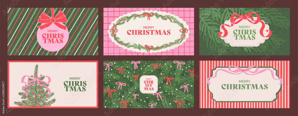 Obraz premium Retro horizontal banners set of Merry Christmas and Happy New Year. Vintage illustrations with gift bows, Christmas tree and ball, frames. Hand drawn design background for card, invitation, flyer