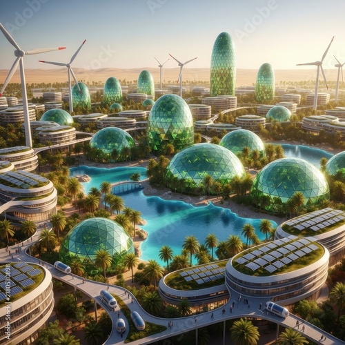 Futuristic Eco City with Green Domes and Wind Turbines.
