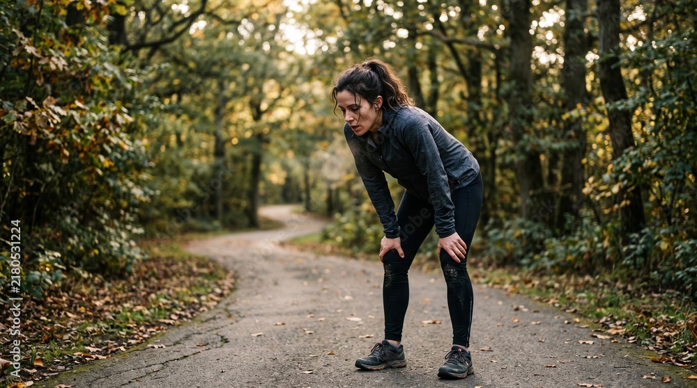 Obraz premium Woman runner catching breath on forest path during autumn workout