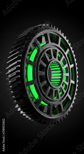 Futuristic glowing green mechanical gear isolated on black.
