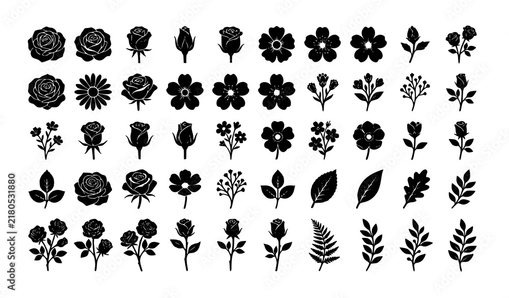 Fototapeta premium Black and White Floral Silhouette Collection – Roses, Flowers and Leaves Stencil Vector